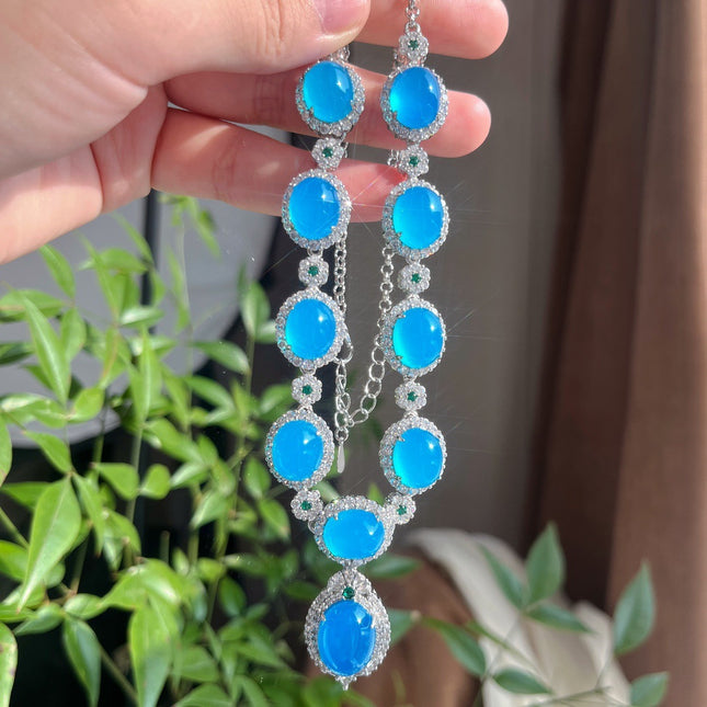 Chinese Style Retro Natural Blue Chalcedony Necklace Evening Chain Ice Chalcedony Necklace Luxury Inlaid Green Chalcedony Four-Piece Set