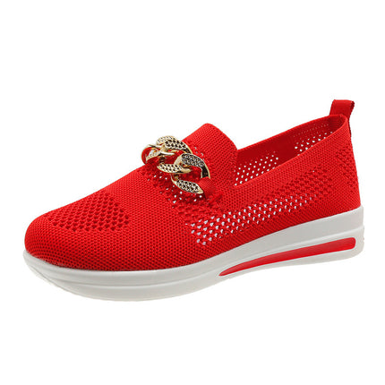2024 spring and summer new foreign trade plus size women's shoes flying woven mesh surface hollow breathable shoes metal chain wedge casual shoes