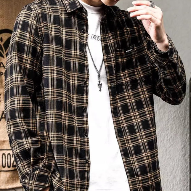 2023 Spring and Autumn New brushed Japanese Plaid lapel shirt men's long sleeve loose men's retro shirt coat men