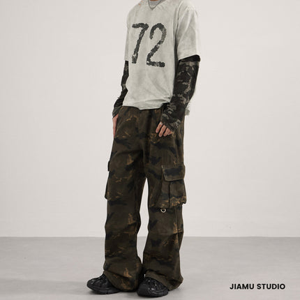 Jiamu American High Street Camouflage Casual Cargo Pants for Men and Women with Three-Dimensional Cut and Multi-Pocket Design, Unisex Straight Fit