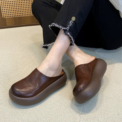 Vintage Casual Thick Bottom Slippers Women's Outer Wear Genuine Leather Sandals 2025 Summer New Round Head Cowhide Half Slippers