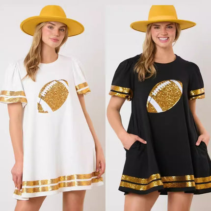 2024 New Cross-border European and American Women's Clothing Amazon Game Day Rugby Sequins Decorative Short-sleeved dress Women