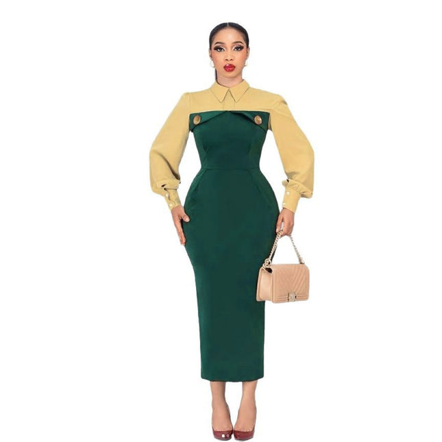 S10996 European and American Elegant Contrast Tight Waist Hip Button Decorative Rear Sip dress