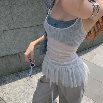 Ruffled Camisole for Women with Beautiful Pleated Back, Slimming and Sexy American-Style Top for Outer Wear