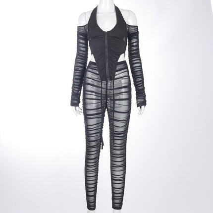 Sanhu Lianjiang M20867P European and American Fashion Spring New Mesh See-Through Solid Color Versatile Slim-Fit Jogger Pants