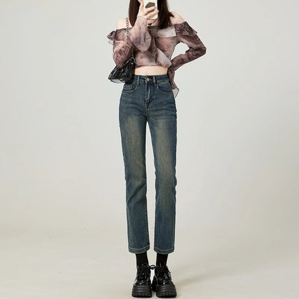Cement Grey Straight High Waist Jeans Women's Trendy All-match New Style Simple Retro Slim Fit Slimming French Stick Pipe Pants