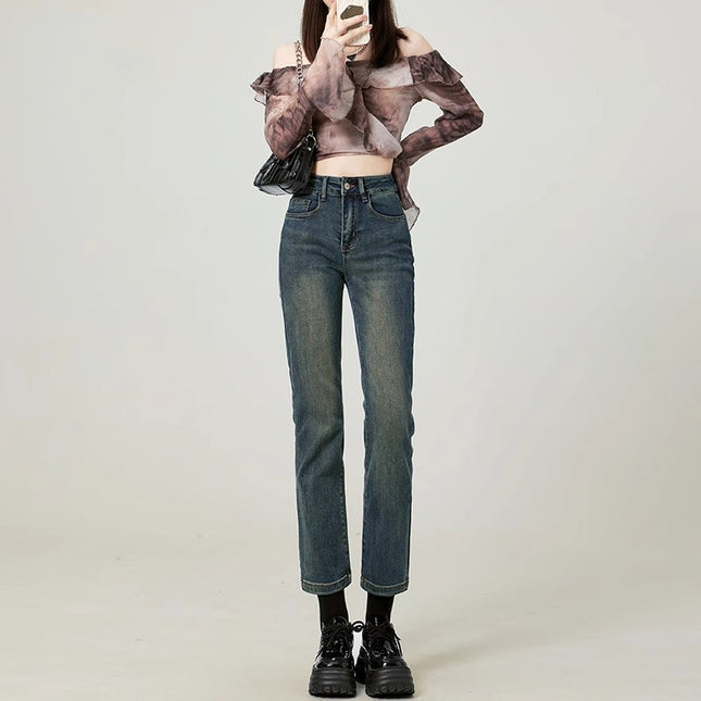 Cement Grey Straight High Waist Jeans Women's Trendy All-match New Style Simple Retro Slim Fit Slimming French Stick Pipe Pants
