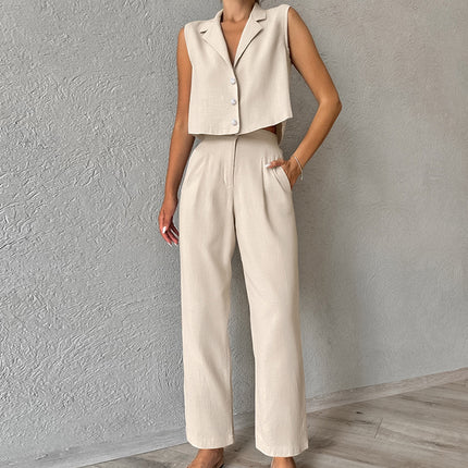 2026 Summer Fashion Business Suit European and American Style Khaki Cotton Linen Sleeveless Blazer Vest and Long Pants Two-Piece Women's Set