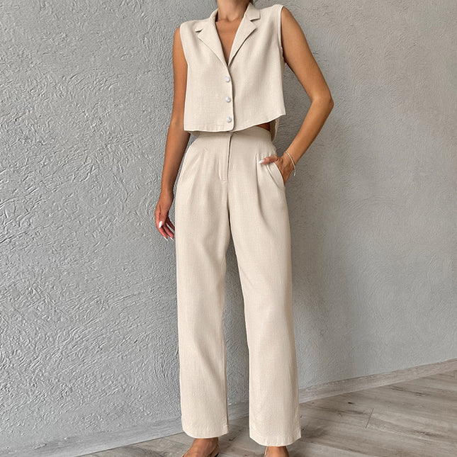 2026 Summer Fashion Business Suit European and American Style Khaki Cotton Linen Sleeveless Blazer Vest and Long Pants Two-Piece Women's Set