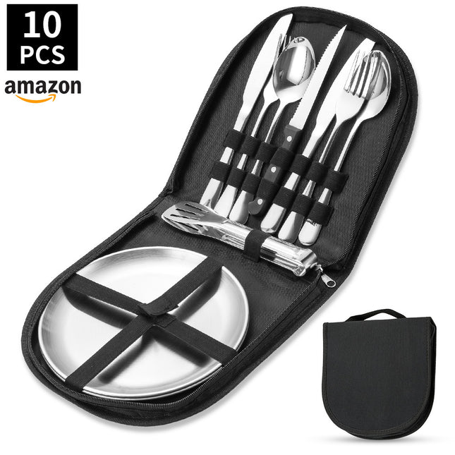 Amazon Outdoor Stainless Steel Tableware Steak Knife and Fork Spoon Barbecue Clip Plate 10-piece Travel Camping Set