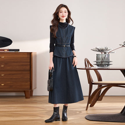 Denim suit Women 2024 Autumn New Temperament Goddess Fan Slimming French Style Chanel Style Commuter Skirt Three-Piece Set