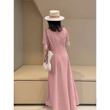 Plus Size Hepburn Style Dress Summer New Women's Pink a Version Huge Beautiful Pear-Shaped Figure Long Skirt 3533