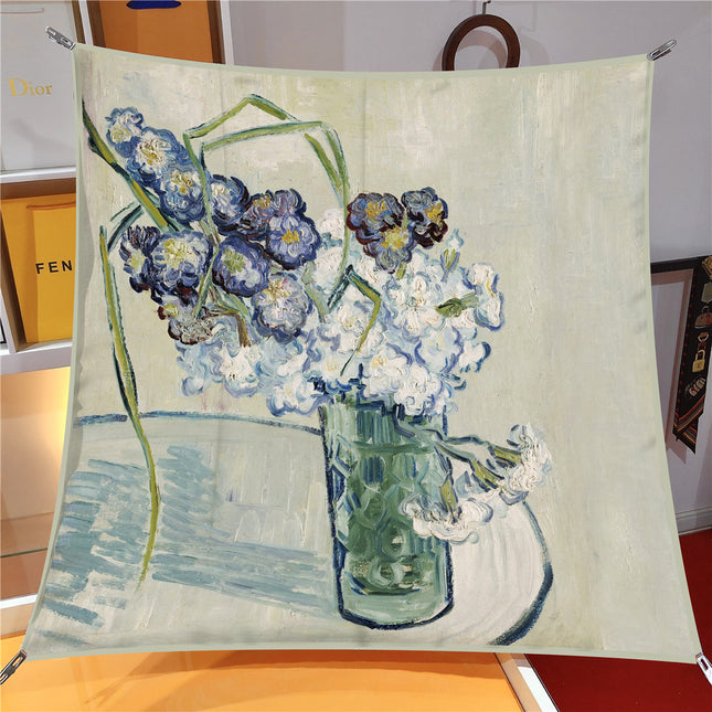90cm Twill Versatile Van Gogh Oil Painting Bottle Carnation Travel Shawl Large Square High Quality Scarf Head Scarf Silk Scarf