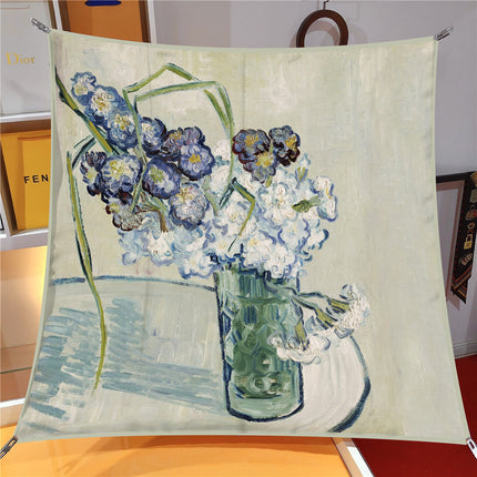 90cm Twill Versatile Van Gogh Oil Painting Bottle Carnation Travel Shawl Large Square High Quality Scarf Head Scarf Silk Scarf