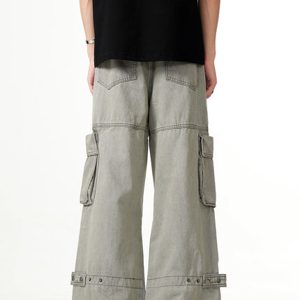 11Kn American Distressed Gray Cargo Pants for Men and Women, Stereo Tailoring, Multi-Flap Pocket Pants, Loose Slimming Look Wide-Leg Straight Pants