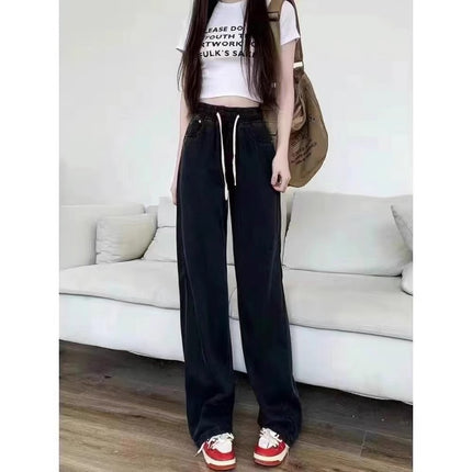 Plus Size Elastic Waist Wide Leg Jeans for Women, Trendy and Versatile High Waist Drawstring Design, Loose and Slim Straight Pants