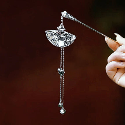 Antique Silver Fan Hanging Bell Hairpin Chinese High-end Hairpin Hair Hairpin Women's Hanfu Accessories Hair Accessories Xiuhe Headdress