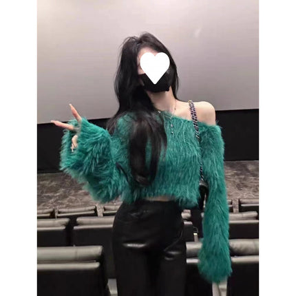 Korean Style New Slim Fit Versatile High-Waisted Sweater for Women, Short Fashion Light Luxury Socialite Long-Sleeve Off-Shoulder Fur Top
