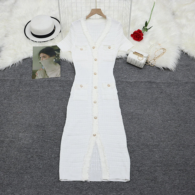 S Brand European and American Cross-Border Spring/Summer New V-Neck Short-Sleeve Dress 2026 French Socialite Women's Clothing Waist-Cinching Slit Long Dress