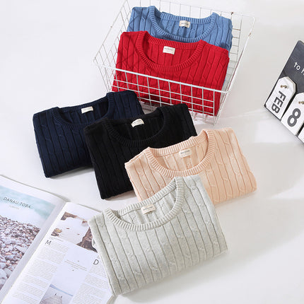 Men's Autumn and Winter Thick Knit Sweater, Pure Cotton Solid Color Knit Sweater, Cable Knit, Slim Fit, Trendy Round Neck, Lazy Style