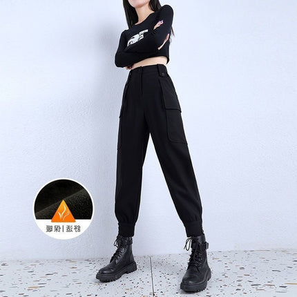 Women's Fleece-Lined Thickened Winter Korean-Style Cargo Pants, Jogger Loose Slimming Ins Harem Casual Pants for Students