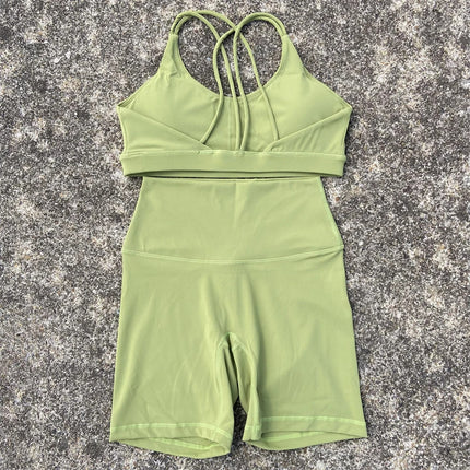 Solid Color Women's Naked Tight Yoga Shorts suit Hollow-out Cross-back Sports Underwear gym yoga set