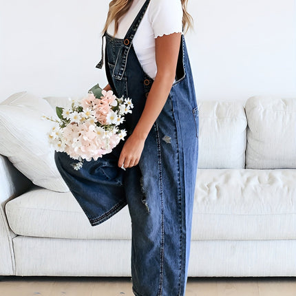 [Light Washed Blue Denim Overalls] Ripped Distressed Style