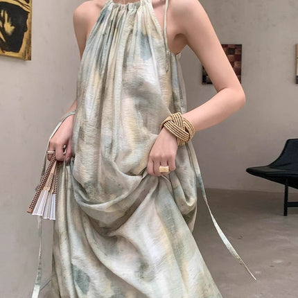 New Chinese Style Light Guofeng Dress Dye Green Unique Elegant Fashion Neck Dress Super Nice Niche Long Dress