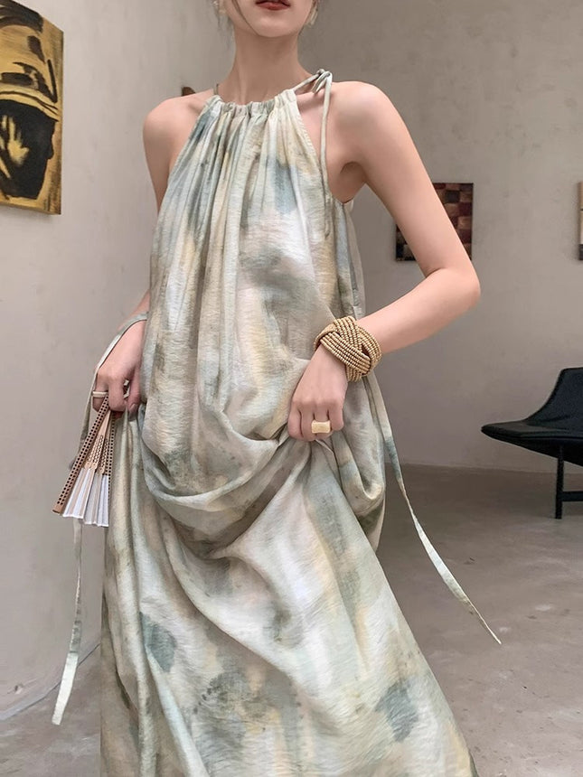 New Chinese Style Light Guofeng Dress Dye Green Unique Elegant Fashion Neck Dress Super Nice Niche Long Dress