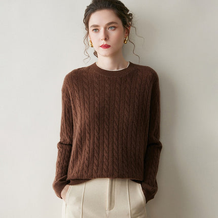 New Round Neck Twist Thick Cashmere Knitwear Women's Pullover Cable Knitwear Simple Casual Loose Knitwear Bottoming Shirt
