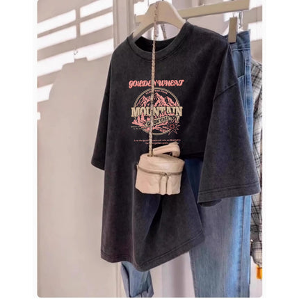 Pure Cotton Washed Distressed Short-Sleeved T-Shirt for Women Summer Large Size Loose European and Korean Couple Design Half-Sleeved Top Trendy Ins