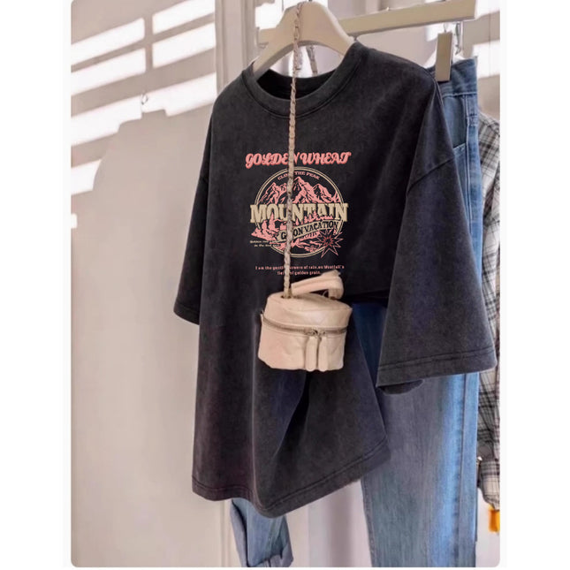 Pure Cotton Washed Distressed Short-Sleeved T-Shirt for Women Summer Large Size Loose European and Korean Couple Design Half-Sleeved Top Trendy Ins