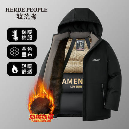 Winter Thickeneded Velvet Warm Cotton Coat Black Gold Lining Removable Hooded Business Men and Women Simple Cotton Coat