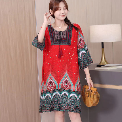 Extra Large Size Ethnic Style Round Neck Three-Quarter Sleeve Dress Loose Embroidered Flower Cotton Silk Travel Beach Skirt for Women