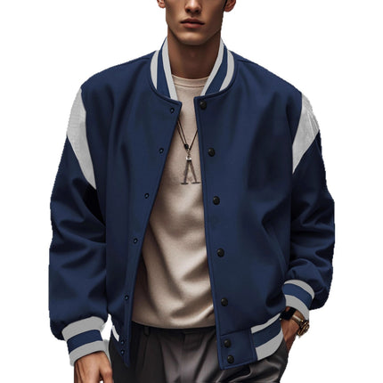2025 Cross-Border Temu Popular European and American Men's Jacket Fashion Solid Color Brushed Fabric Cardigan Patchwork Button Baseball Jacket