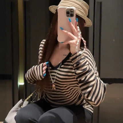 Lazy and Relaxed Stripesd Sun Protection Long-Sleeved Blouse for Women Summer Niche Design Loose Casual Versatile T-Shirt Top