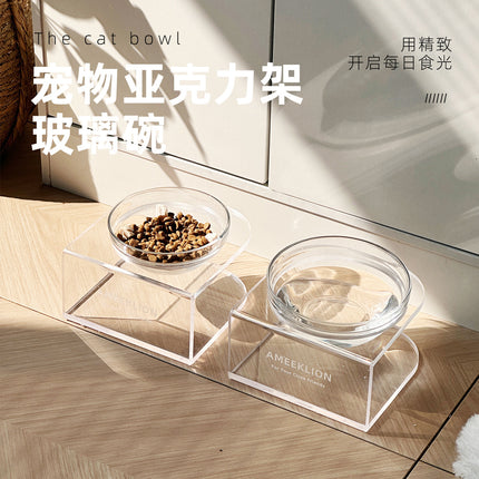 Glass Cat Bowl High Foot Neck Protection Internet Popular Cat Food Bowl Water Bowl Anti-overturning Cat Rice Bowl Easy to Clean Dog Bowl Dog Food Bowl