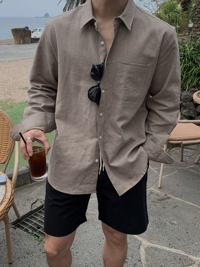 Linen Long-sleeved Shirt Men's Autumn Korean Style Vintage Light Cooked Style Casual Non-ironing Shirt Lightweight Sunscreen Top Trendy