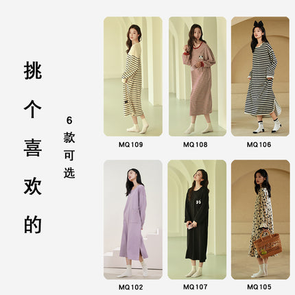 Women's Pure Cotton Long-Sleeved Nightgown, High-End, Black, Large Size, Can Be Worn Outside, Spring and Autumn, Women's Nightgown with Breast Pads