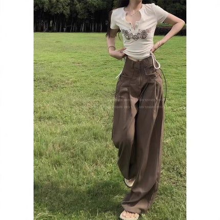 Slimming casual pants overalls women's draping straight mop pants summer high waist loose wide leg pants white pants