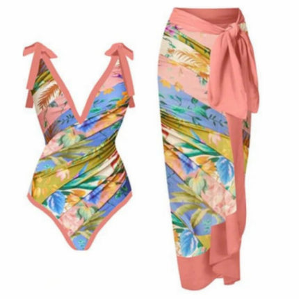 2024 New European and American Sexy Conjoined Conservative Belly-Covering Hot Spring Swimsuit Women's Chiffon Beach Dress Bikini suit