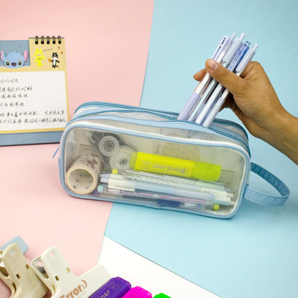 Double-layer Transparent Mesh Pencil Case Simple Multi-layer Portable Pencil Case Large Capacity Student Examination Stationery Storage Bag