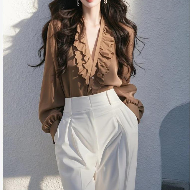 French-Style Tops for Women 2025 Spring New Collection Coffee-Colored Ruffled Shirt Artistic Retro Elegant Vintage Style
