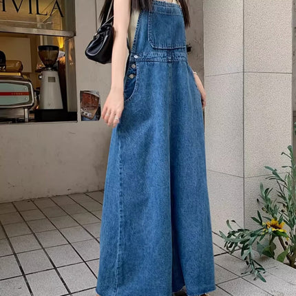 Age-Reducing and Slimming Denim Suspender Dress for Women, 2026 Autumn New Style, Loose Fit, Long Dress for Tall Women, Blue Dress