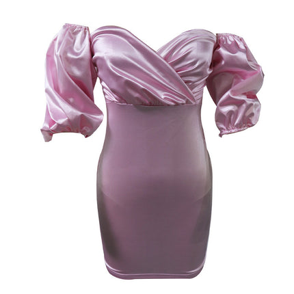 LN231 in stock explosion European and American women 2022 Word collar shoulder fold sexy lamp sleeve tentate dress