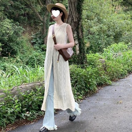 Designed Niche Layered Blouse Knitted Vest Dress Summer Women's Back Slit Long Skirt Dress Chic Skirt