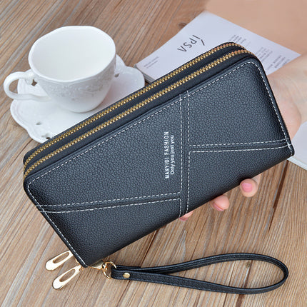 New Wallet Women's Long Double Zipper Clutch Bag Fashionable Litchi Pattern Soft Leather Large Capacity Double Wallet Mobile Phone Bag