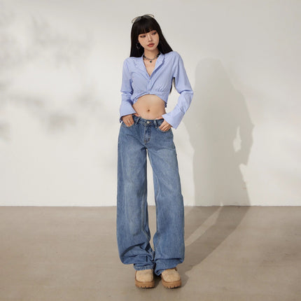 Retro Washed Wide-Leg Jeans for Women, Autumn New Low-Waist Straight Loose Design, Slimming Floor-Length Pants