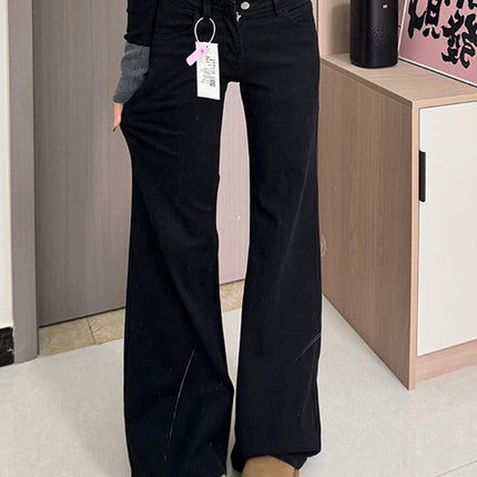 Black Low Waist No Leg Loose Micro-flare Jeans Women's Hot Girl Small Slim Look Trousers Straight Pants