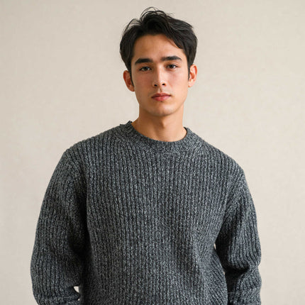 100% Wool Autumn and Winter Round Neck Pit Stripesd Flower Yarn Men's Wool Knitted Sweater